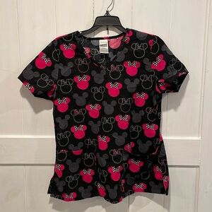 Disney Women's Pink and Black Minnie Mouse Scrub Top Size S